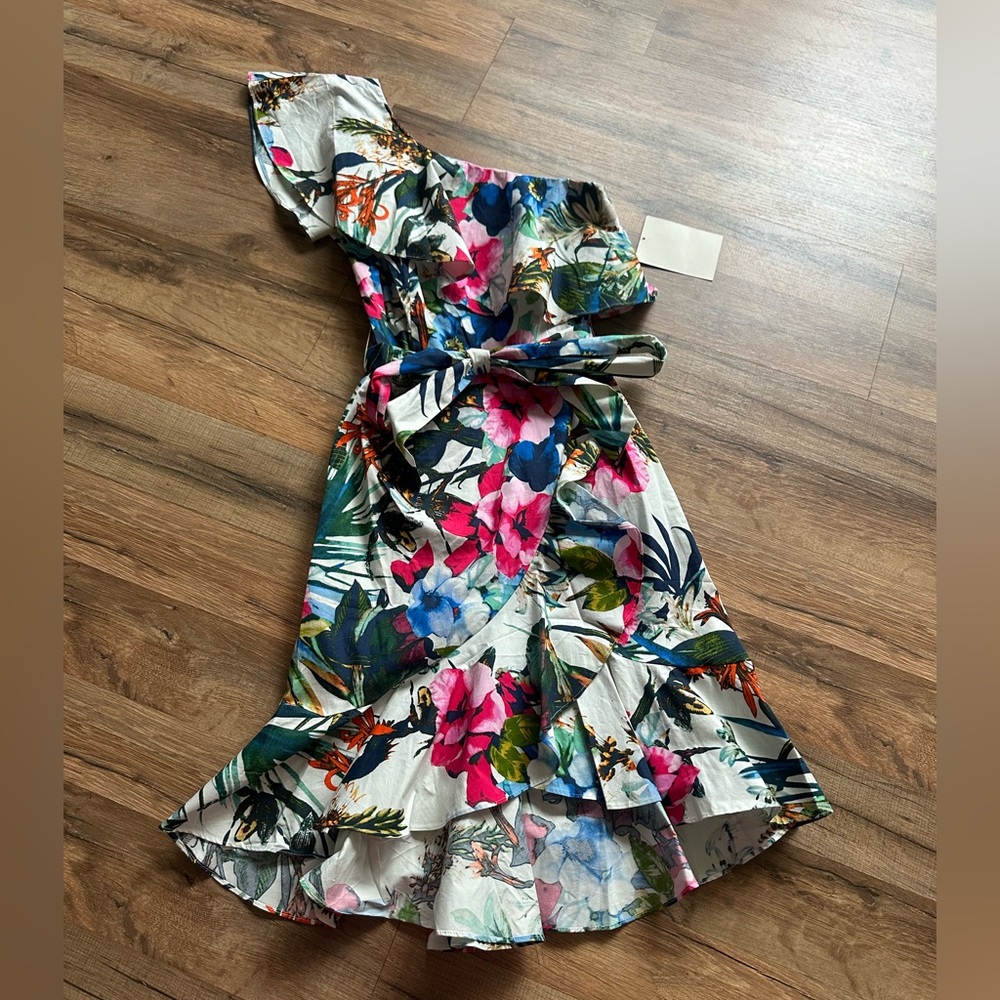 Boston Proper Floral One-Shoulder Ruffle Dress in White, Pink, Blue & Green